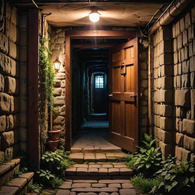 Półki które otwierają się na schody do piwnicy